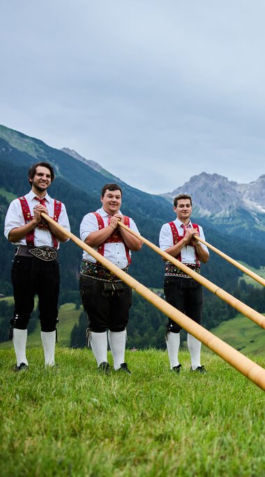 Vier Männer in traditionellen Trachten stehen mit Alphörnern auf einer grünen Wiese in den Bergen, bei einem Alphornfestival.