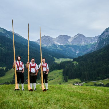 Drei Männer in Trachten stehen in einer grünen Wiese mit Alphörnern, umgeben von Bergen und einer bewaldeten Talregion.